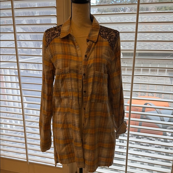 Free People Plaid Long Sleeve Shirt with Sequin Detail - Picture 3 of 6
